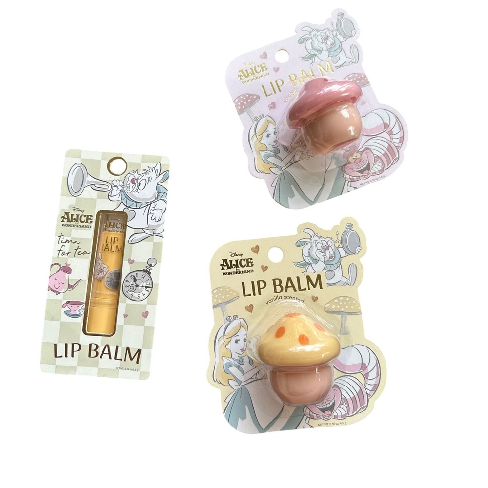 Disney Alice in Wonderland Lip Balm Set Mushroom Vanilla Raspberry White Rabbit